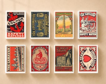 Vintage Swedish Matchbox Set, Collectible Designs, Set of 8