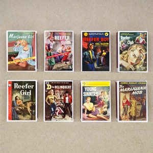 set of 8 MATCHBOX vintage marijuana novel pulp cover book old magazine reefer club printing old matches match holder