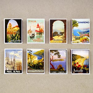 set of 8 MATCHBOX various TRAVEL ITALY italia country tourism milano venezia vintage ads printing old matches match holder