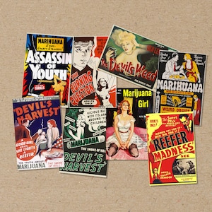 gemischtes Set von 8 Dekorative POSTER Größe: A6 (Postkarte) oder A5 von 30er 40er Jahre Marihuana Warnfilme Vintage Reefer Madness Filmdruck