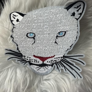 Toppa con paillettes a forma di pantera bianca / Toppa con muso di leopardo delle nevi / Applicazione di grande felino / Toppa di lusso a forma di animale per giacche, borse e abbigliamento