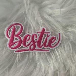 Embroidered Bestie Patch | Pink Script Iron-On Applique for Jackets, Hats