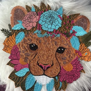 Floral Cheetah Face Patch | Leopard Flower Crown Applique | Sequin Animal Patch | Boho Wildlife Patch for Jackets, Bags & Apparel