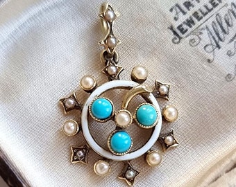 Victorian 15ct Gold Turquoise, Seed Pearl and Enamel Pendant