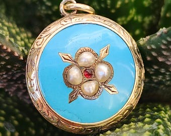 Victorian 9ct Gold Enamel, Pearl and Garnet Glazed Back Pendant