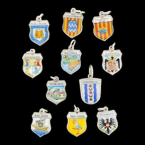 Vintage Silver Enamel Travel Shield Charms - Pick Your Own