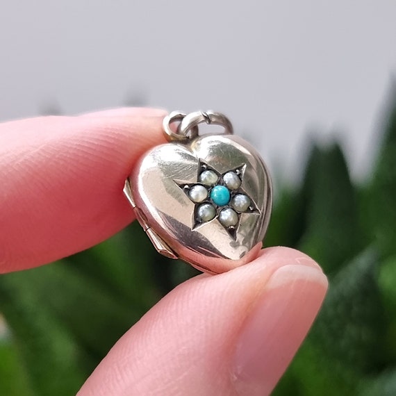 Antique 9ct Gold Turquoise and Seed Pearl Heart L… - image 4