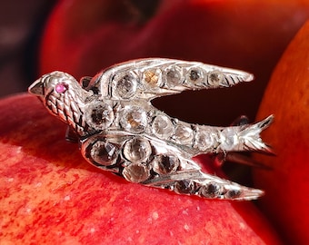 Antique Silver Paste Swallow Bird Brooch, Circa 1900