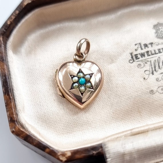 Antique 9ct Gold Turquoise and Seed Pearl Heart L… - image 1