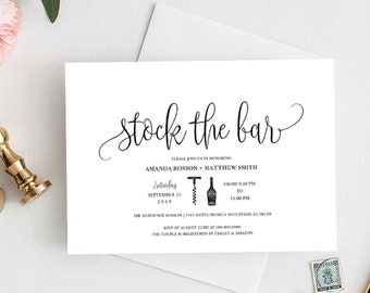 Stock The Bar Invitation Template, Modern Engagement Invite, Instant Download, Black and White, Fully Editable Text #WDH070