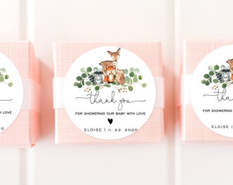 Editable Woodland Forest Sticker, Round Woodland Animals Birthday Fox Printable Tag Template, Circle and Square, Edit Text with Corjl #016