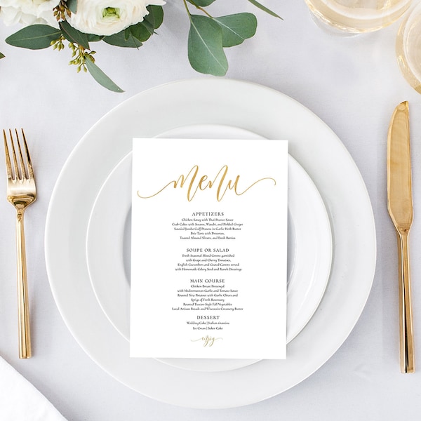 Gold Wedding Menu Printable, Template, Editable, Instant Download, 5x7'' and 3.75x9''  #0035