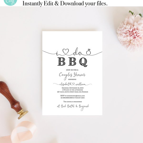I DO BBQ Couples Shower Printable Invite, Engagement Party, Personalize Editable Text