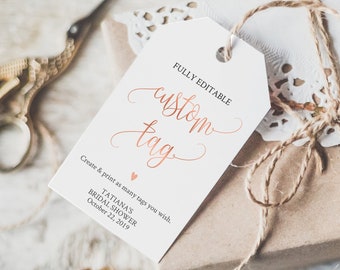 Rose Gold Favor Tag Template, Fully Editable Text, Instant Download, Calligraphy, Custom