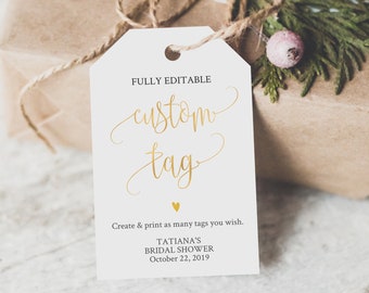 Gold Favor Tag Template, Fully Editable Text, Calligraphy, Custom, Sizes: 2x3.5" and 2.75x4"