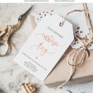 Rose Gold Favor Tag Template, Fully Editable Text, Instant Download, Calligraphy, Custom