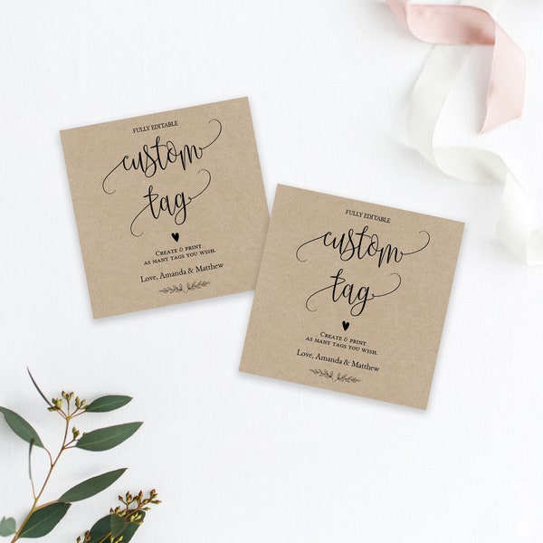 Printable Wedding Favor Tag Template,  Kraft Favor Tags, 2x2" Square Tags, Editable Thank You Tags, Fully Editable Text, Calligraphy #WDH070