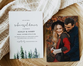 Forest Rehearsal Dinner Invitation, Pine Tree Evergreen Wedding Invite, Editable Text with Corjl #033