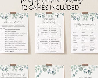 Eucalyptus Greenery Bridal Shower Game Bundle, Personalize Name and Questions, Greenery Silver Bridal, Editable Games with Corjl