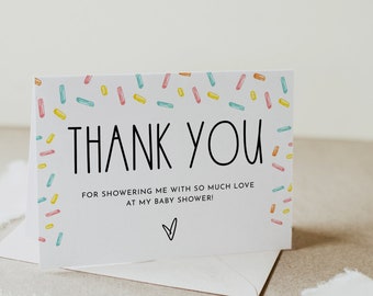 Sprinkle Thank You Folded Card Printable, Rainbow Sprinkles Baby Shower Thank You Note, Folded or Flat, Editable Text with Corjl #0078