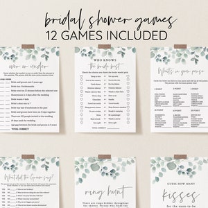 Eucalyptus Greenery Bridal Shower Game Bundle, Personalize Name and Questions, Greenery Silver Bridal, Editable Games with Corjl