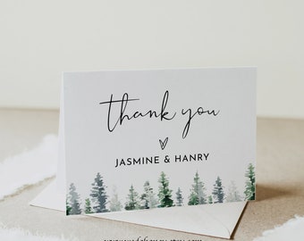 Pine Tree Thank You Card Template, Mountains Thank You Tent Fold Card, Folded or Flat, Editable Text with Corjl #033
