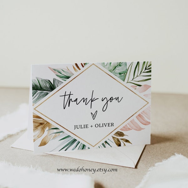 Tropical Thank You Card Template, Tropical Thank You Note, Folded or Flat, Blush and Gold, Editable Text with Corjl #0076