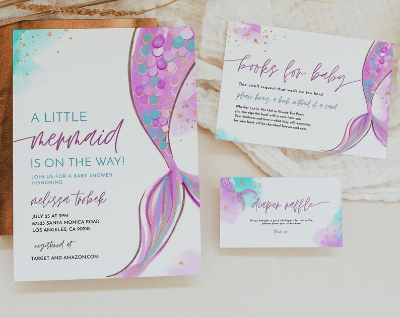 Mermaid Baby Shower Invitation Set Under the Sea Books for Baby and Diaper Raffle Editable Text with Corjl