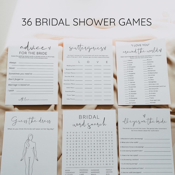 Minimalist Bridal Shower Games Bundle, 36 Editable Games, Personalize Name and Questions, Modern Game Printable, Corjl #115