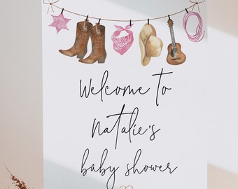 Western Girl Welcome Baby Shower Sign, Cowgirl Themed, Editable Text with Corjl #081