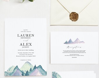 Mountain Wedding Invitation Printable, RSVP and Details Card, Editable Text, Rustic and Modern #0167_2