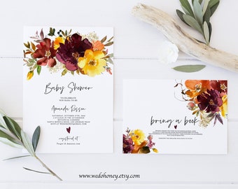 Autumn Baby Shower Invitation, Burgundy Burnt Orange Florals, Diaper Raffle & Bring a Book, Try Before You Buy #055_3