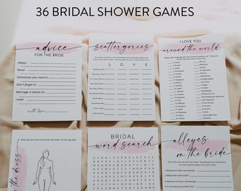 Pink Swash Bridal Shower Games, Minimalist Wedding Shower Games, 36 Game Printable, Personalize Name and Questions, Corjl #03067