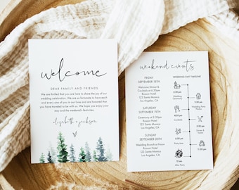 Pine Tree Wedding Timeline Template, Forest Welcome Letter, Editable Welcome Events, Edit Text with Corjl #033