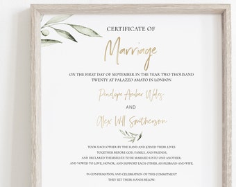 Certificate of Marriage, Gold and Greenery, Wedding Keepsake, Editable Text with Corjl #201