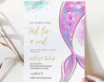 Mermaid Bridal Shower Invitation, Trade Her Tail for a Vei, Ocean Themed Bridal, Editable Text with Corj #39