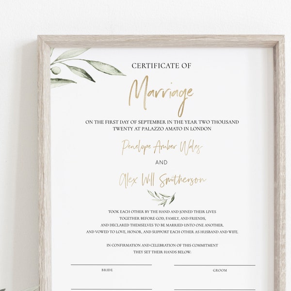 Certificate of Marriage, Gold and Greenery, Wedding Keepsake, Editable Text with Corjl #201