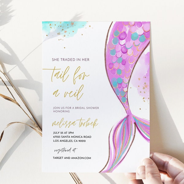 Mermaid Bridal Shower Invitation, Trade Her Tail for a Vei, Ocean Themed Bridal, Editable Text with Corj #39