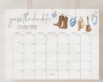 Western Cowboy Baby Shower Due Date Prediction Game - Editable Guess the Birth Date Calendar Poster with Corjl #038