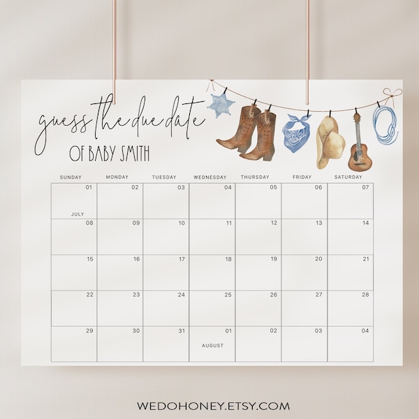 Western Cowboy Baby Shower Due Date Prediction Game - Editable Guess the Birth Date Calendar Poster with Corjl #038