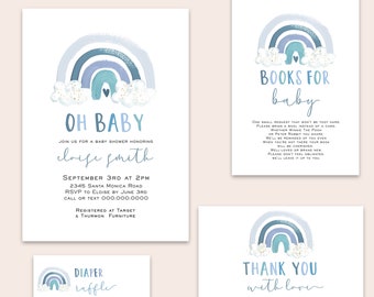 Blue Rainbow Baby Shower Shower Bundle, Boy Rainbow Invitation Set, Watercolor Rainbow, Edit Text with Corjl #0088