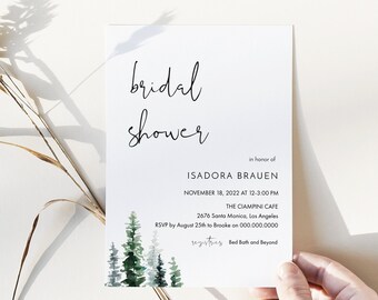 Pine Tree Bridal Shower Invitation, Forest Invite, Editable Text with Corj #033