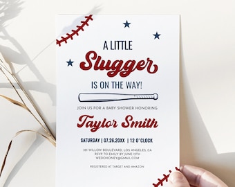 Baseball Baby Shower Invitation Template, A Little Slugger Is On The Way, Baseball Baby Boy Invite, Corjl #45C