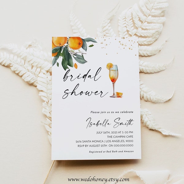 Orange Bridal Shower Invitation, Citrus Botanical, Orange Cocktail, Editable Text with Corj #031B