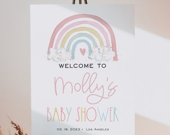 Pastel Rainbow Welcome Sign, Editable Baby Girl Poster Sign, Pink Rainbow Glitter, Edit Text with Corjl #0028