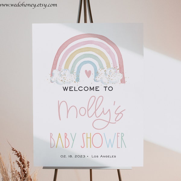 Pastel Rainbow Welcome Sign, Editable Baby Girl Poster Sign, Pink Rainbow Glitter, Edit Text with Corjl #0028