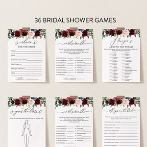 Burgundy Floral Bridal Shower Games Bundle, Merlot Floral Package, Personalize Name and Questions, Edit  Text with Corjl #0086