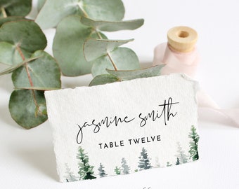 Mountains Place Cards Template, Pine Trees Food Labels, Edit Text with Corjl #033