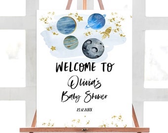 Editable Outer Space Welcome Baby Shower Sign, Boy Galaxy Planets for Shower or Birthday, Editable Text with Corjl#77