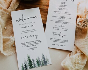 Pine Wedding Program Template, Rustic Mountain, Forest Program For Wedding, Editable Text with Corjl #033